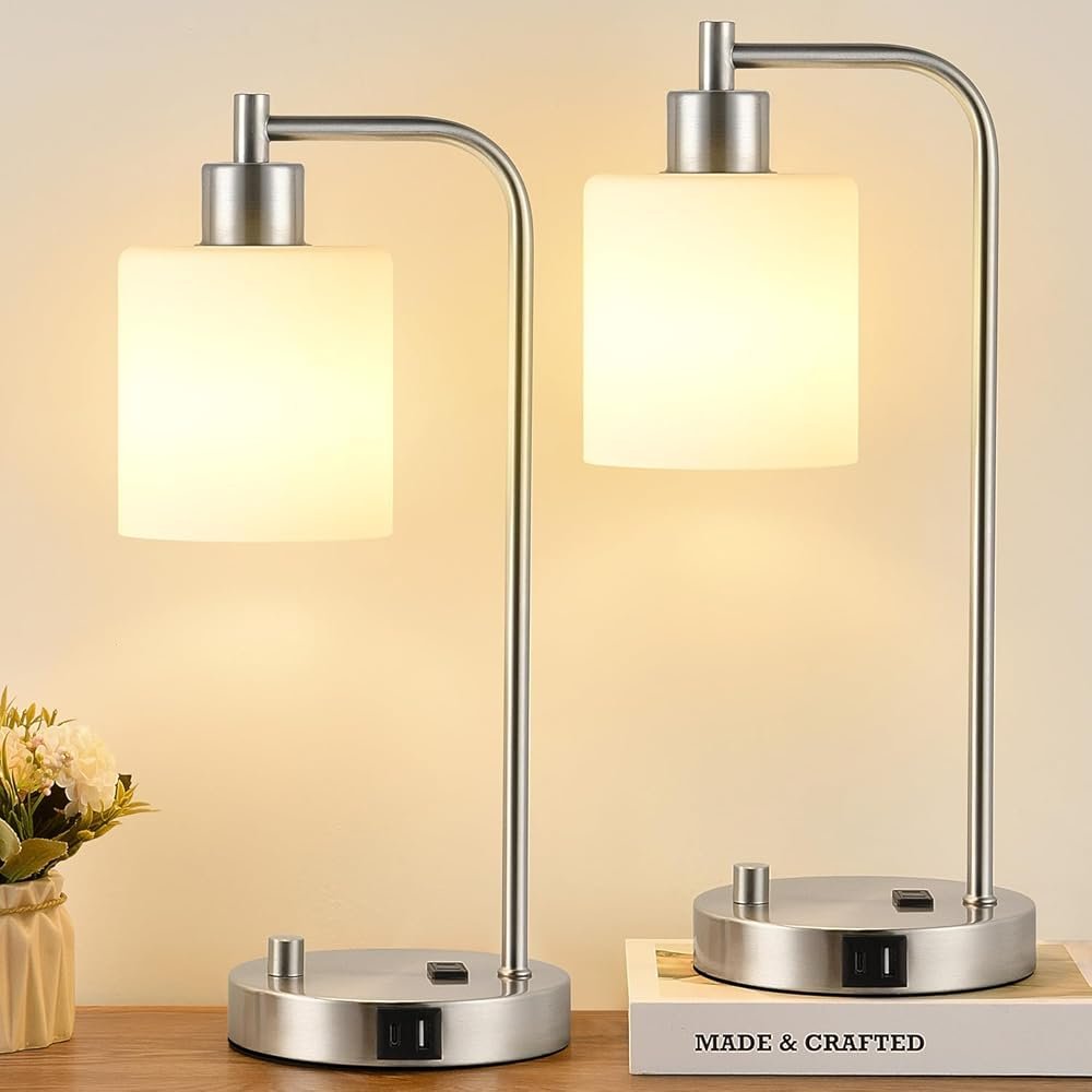 Lynnoland Set of 2 Industrial Table Lamps with USB C+A Ports and Outlet, Brushed Nickle Fully Stepless Dimmable Bedside Lamps, Nightstand Lamp with Opal Glass Shade for Reading...