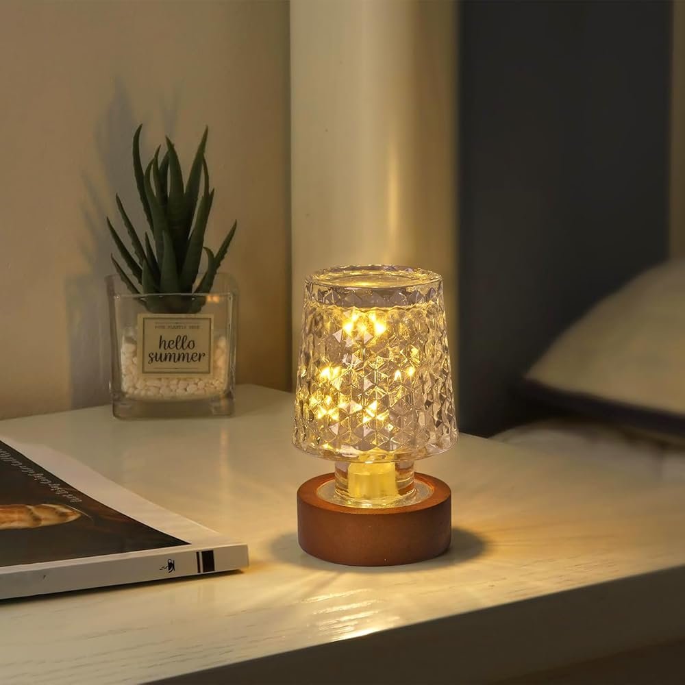 Mini Soft Warm LED Night Light, Battery Operated Portable Glass Lamp with Timer, Art Deco Style, Crystal Color, Night Lights for Adults,Wireless Small Lamp for Bedroom Living Room