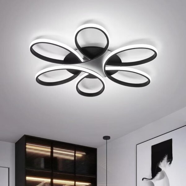 Modern LED Ceiling Light Fixture Black Flush Mount Ceiling Lamp with Remote Control Dimmable 6 Rings Flower Shaped Ideal for Living Room Bedroom Dining Room Kitchen(75CM/29.5IN)
