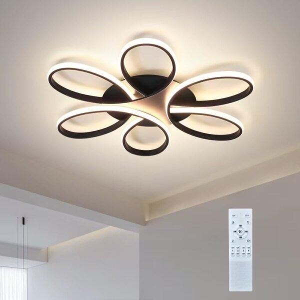 Modern LED Ceiling Light Fixture Black Flush Mount Ceiling Lamp with Remote Control Dimmable 6 Rings Flower Shaped Ideal for Living Room Bedroom Dining Room Kitchen(120CM/47.3IN)