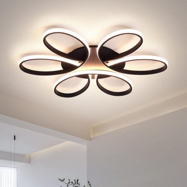Modern LED Ceiling Light Fixture Black Flush Mount Ceiling Lamp with Remote Control Dimmable 6 Rings Flower Shaped Ideal for Living Room Bedroom Dining Room Kitchen(60CM/23.6IN)
