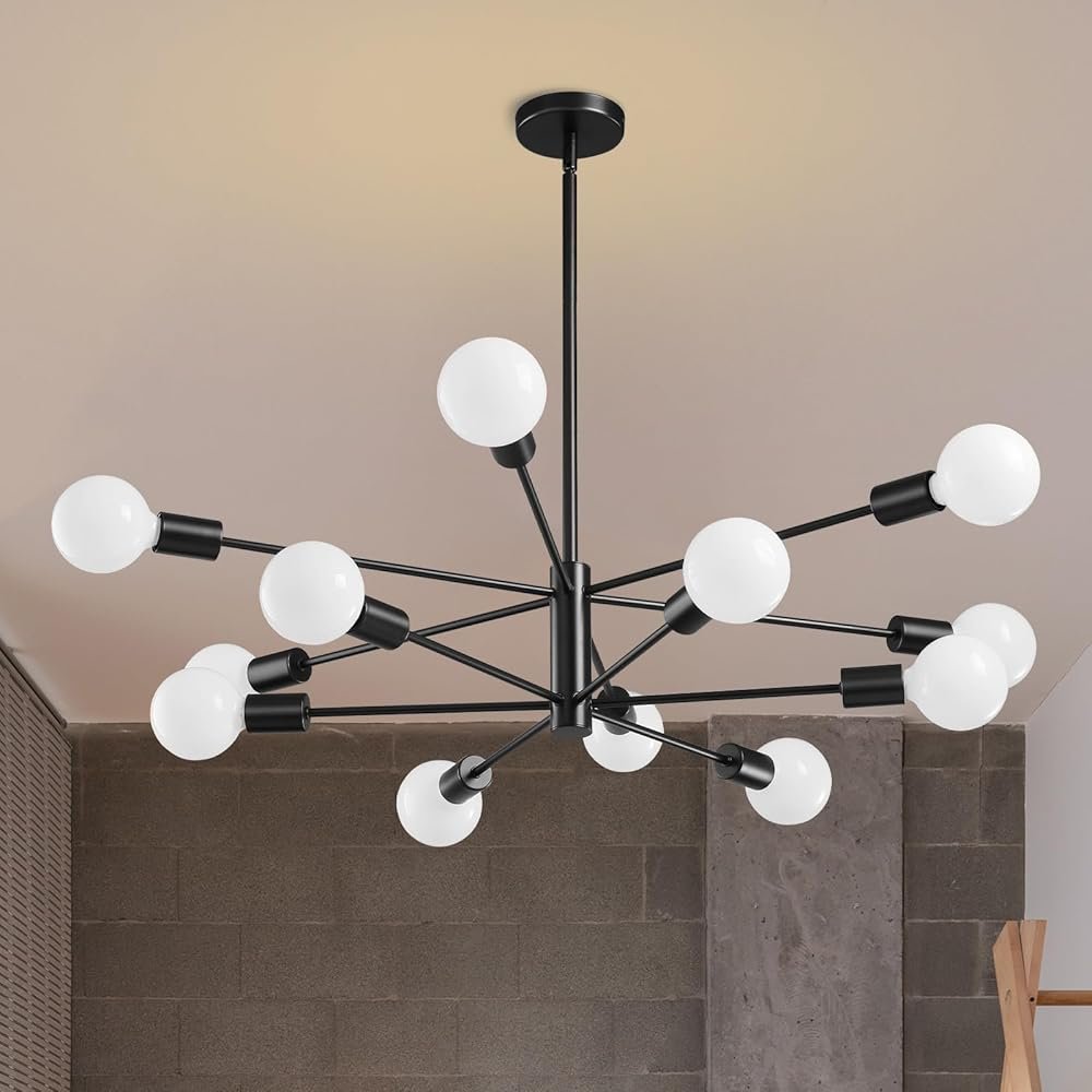 Modern Sputnik Chandeliers Light, 12-Light Black Chandeliers for Dining Room, E26 Height Adjustable Chandelier Ceiling Lighting Fixture for Farmhouse Kitchen Island Living Room...