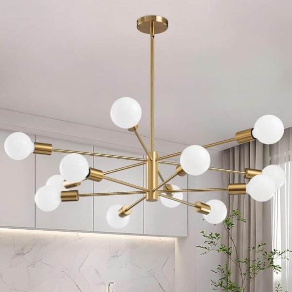Modern Sputnik Chandeliers Light, 12-Light Gold Gold Dining Room Chandelier Over Table, Height Adjustable Industrial Semi Flush Mount Mid Century Chandelier for Kitchen Island...