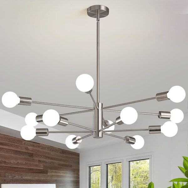Modern Sputnik Chandeliers Light, 12 Lights Brushed Nickel Dining Room Chandelier Over Table, Height Adjustable Industrial Semi Flush Mount Mid Century Chandelier for Kitchen...
