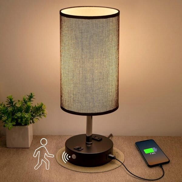 Motion Sensor USB Lamp with Warm White Bulb, Fabric Shade, Built-in USB Port & AC Outlet - Bedside Table Lamp for Bedroom or Living Room