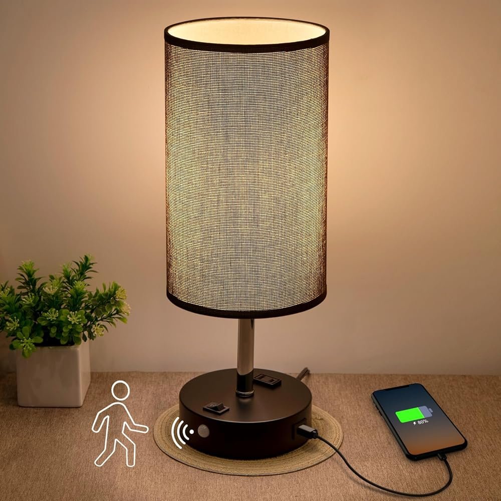 Motion Sensor USB Lamp with Warm White Bulb, Fabric Shade, Built-in USB Port & AC Outlet - Bedside Table Lamp for Bedroom or Living Room