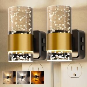 Night Lights Plug into Wall 2 Pack, Dimmable Night Light with Dusk-to-Dawn Light Sensor, Soft White/Cool White/Amber 3 Light Color, Adjustable Brightness, Rotatable plug, Bubble...