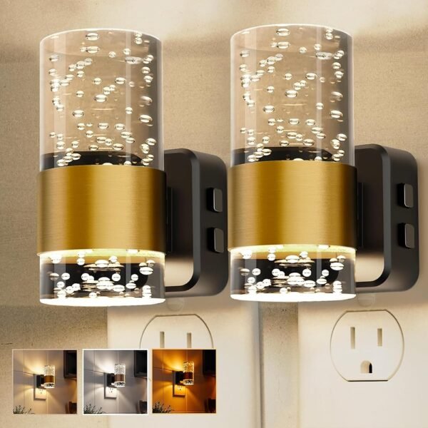 Night Lights Plug into Wall 2 Pack, Dimmable Night Light with Dusk-to-Dawn Light Sensor, Soft White/Cool White/Amber 3 Light Color, Adjustable Brightness, Rotatable plug, Bubble...