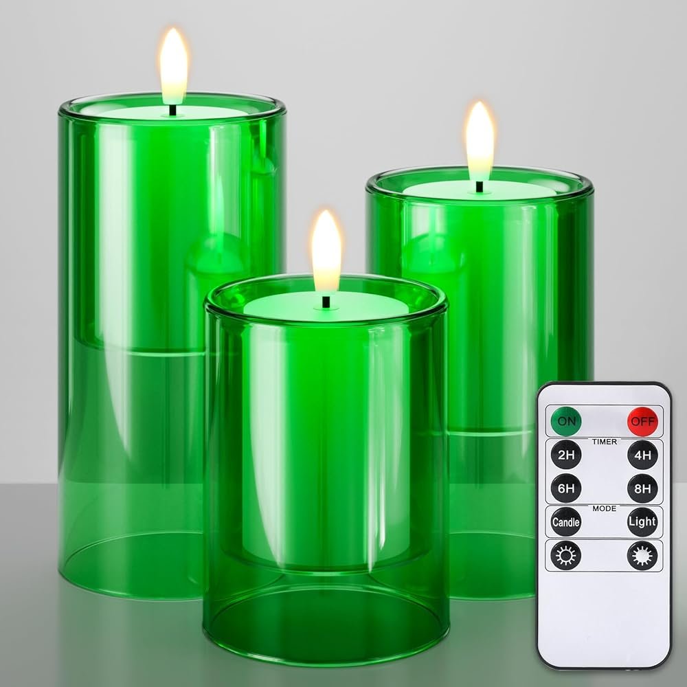 NURADA Flameless Candles with Remote Timer - Glass Holder Real Wax 3D Wick LED Pillar Votive Candle Set Battery Operated Flickering Light for St Patricks Day Home Decor-Green 3...