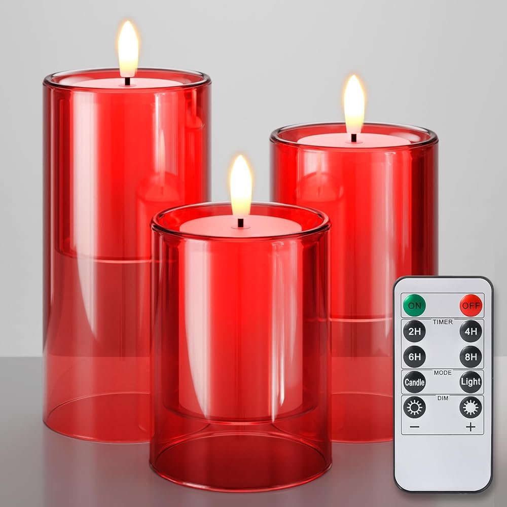 NURADA Flameless Candles with Remote Timer - Glass Real Wax 3D Wick LED Pillar Votive Candle Set Battery Operated Flickering Light for Christmas Home Wedding Party Decoration...