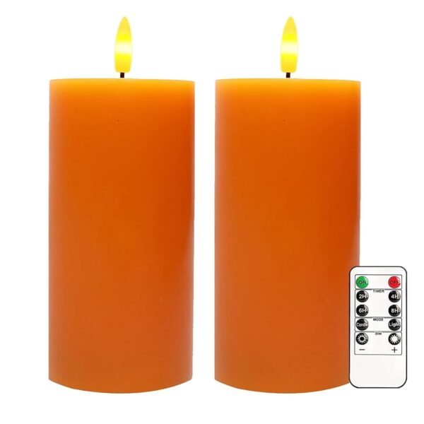 Orange Flameless Candles, Set of 2 6"x3" Flickering LED Candles with Remote & Timer, Dimmable Electric Pillar Candles Battery Operated, Candles Light for Fall Thanksgiving...