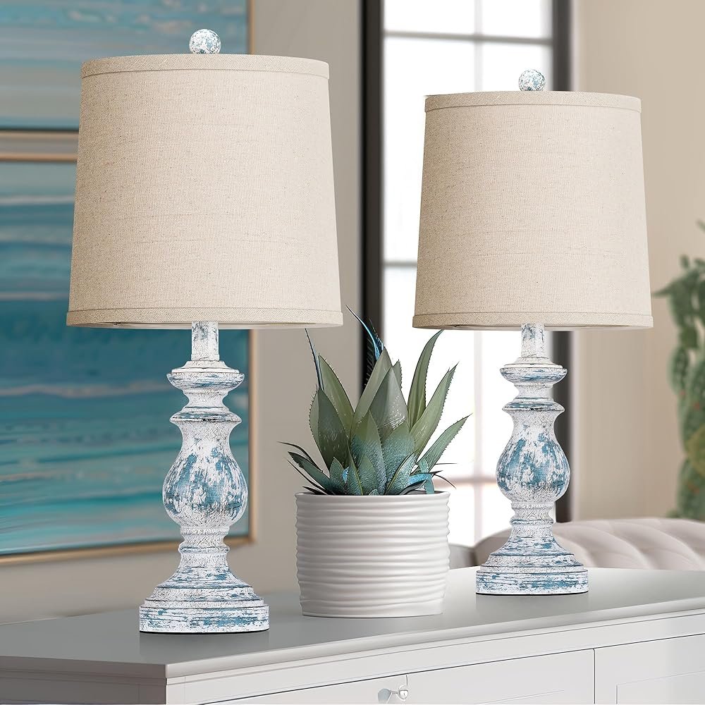 PARTPHONER Traditional Table Lamp Set of 2, Rustic Farmhouse Table Lamps for Living Room Bedroom, 22" Bedside Desk Lamps Vintage Nightstand Lamps with Linen Shades, Washed Blue