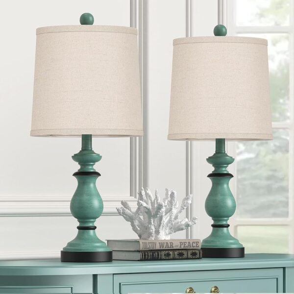PARTPHONER Traditional Table Lamp Set of 2, Rustic Farmhouse Table Lamps for Living Room Bedroom, 22" Bedside Desk Lamps Vintage Nightstand Lamps with Linen Shades, Green