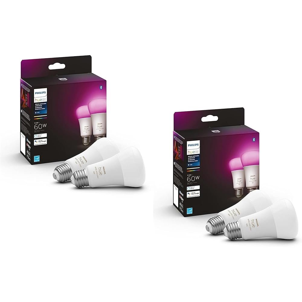 Philips Hue Smart 60W A19 LED Bulb - White and Color Ambiance Color-Changing Light - 4 Pack - 800LM - E26 - Indoor - Control with Hue App - Works with Alexa, Google Assistant...