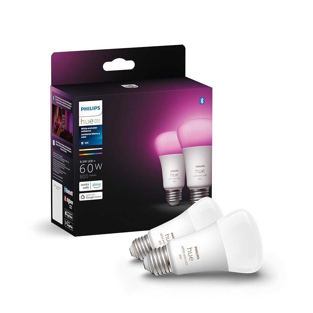 Philips Hue Smart 60W A19 LED Bulb - White and Color Ambiance Color-Changing Light - 2 Pack - 800LM - E26 - Indoor - Control with Hue App - Works with Alexa, Google Assistant...