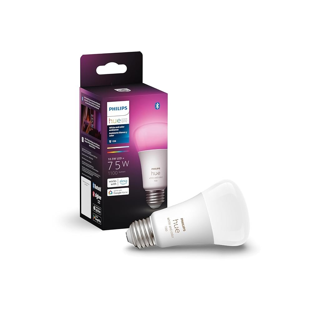 Philips Hue Smart 75W A19 LED Bulb - White and Color Ambiance Color-Changing Light - 1 Pack - 1100LM - E26 - Indoor - Control with Hue App - Works with Alexa, Google Assistant...