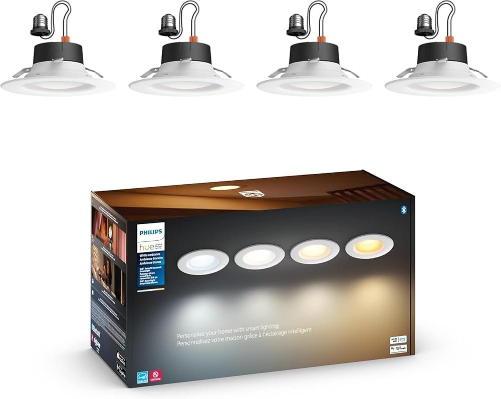 Philips Hue Smart Recessed 5/6 Inch LED Downlight - White Ambiance Warm-to-Cool White Light - 4 Pack - 1100LM - Indoor - Control with Hue App - Works with Alexa, Google...
