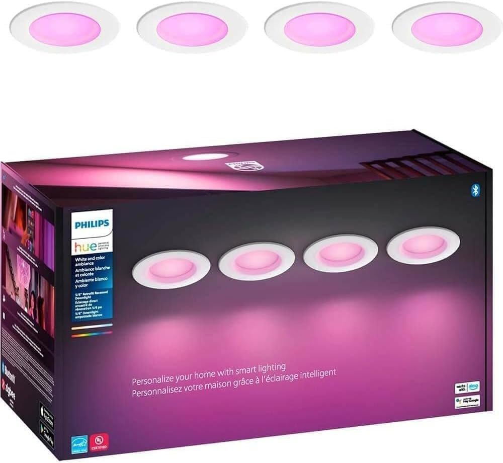 Philips Hue Smart Recessed 5/6 Inch LED Downlight - White and Color Ambiance Color-Changing Light - 4 Pack - 1100LM - Control with Hue App - Compatible with Alexa, Google...