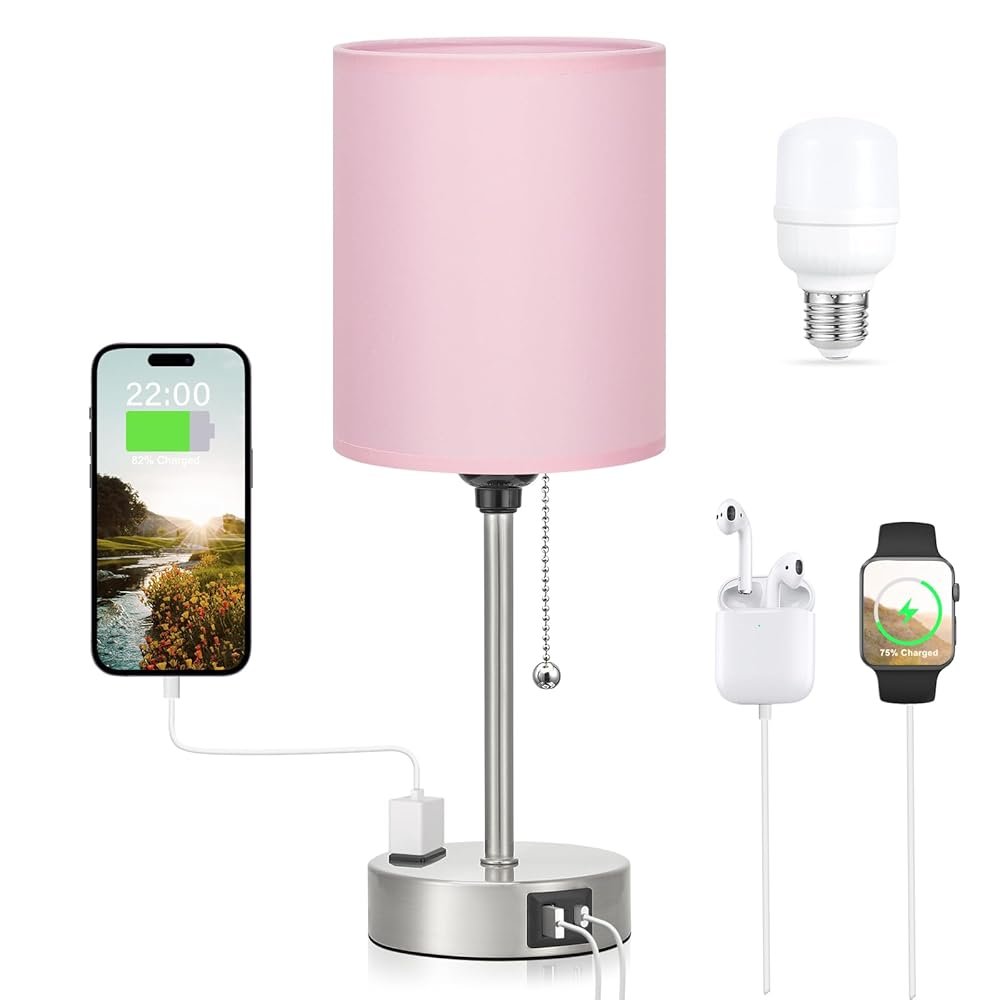 Pink Bedroom Lamp for Bedside - 3 Color Temperatures Desk Lamp with USB C and A Ports, Pull Chain Table Lamp with AC Outlet, Nightstand Lamp with Silver Metal Base for Kids Girls