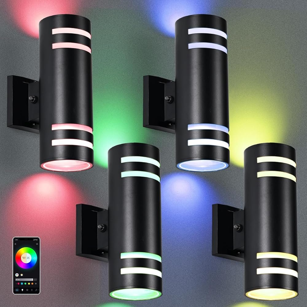 RGB Up and Down Lights Outdoor Wall Lights 4 Packs, Smart Color Changing Outdoor Wall Sconce WiFi Voice & App Control,Aluminum Waterproof Exterior Lights for Porch Compatible...