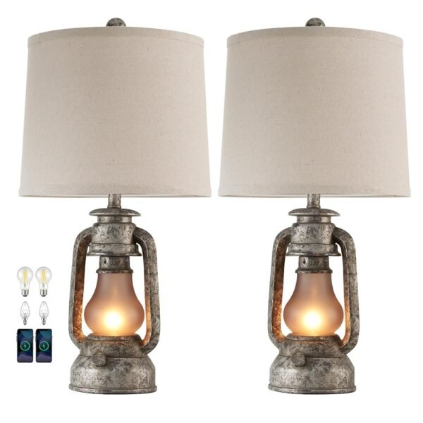 RORIANO Farmhouse Rustic Table Lamps for Living Room Set of 2, Vintage Lantern Table Lamp with Dual USB Ports, Retro Nightstand Lamp for Bedroom Bedside, 4 Bulbs Included (Iron...