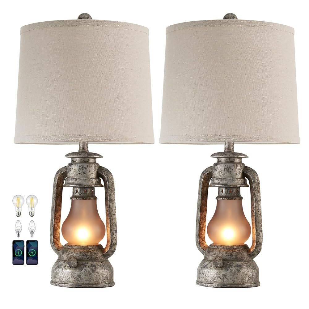 RORIANO Farmhouse Rustic Table Lamps for Living Room Set of 2, Vintage Lantern Table Lamp with Dual USB Ports, Retro Nightstand Lamp for Bedroom Bedside, 4 Bulbs Included (Iron...