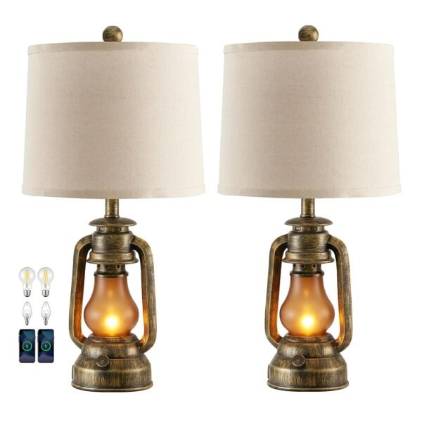 RORIANO Set of 2 Farmhouse Lantern Table Lamps for Living Room with 2 USB Charging Ports, Rustic Vintage Nightstand Lamps with Nightlight for Bedroom End Table Entryway, 4 Bulb...