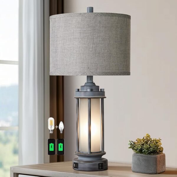 Rustic Table Lamp for Bedroom Living Room with 2 USB Ports, Farmhouse Vintage Nightstand Lamp 25'' with Light Green Glass Nightlight, Antique Retro Desk Lamp for Entryway, 2...