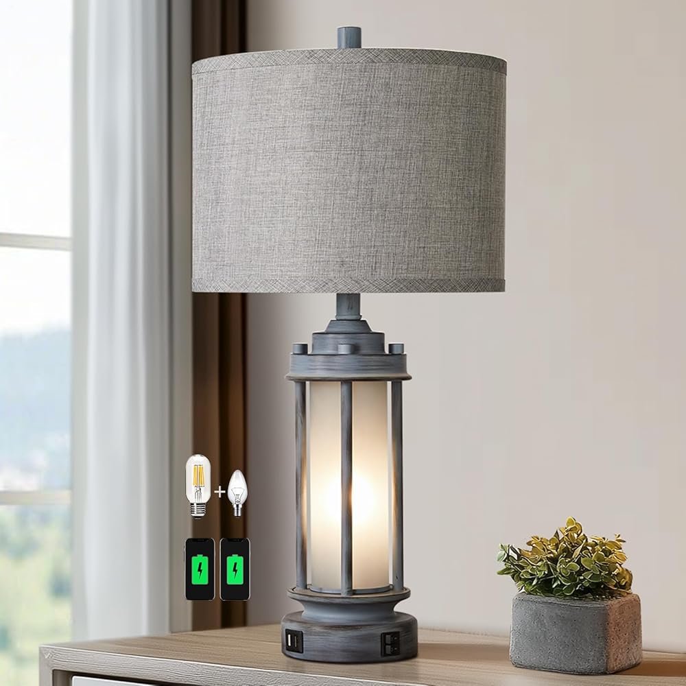 Rustic Table Lamp for Bedroom Living Room with 2 USB Ports, Farmhouse Vintage Nightstand Lamp 25'' with Light Green Glass Nightlight, Antique Retro Desk Lamp for Entryway, 2...