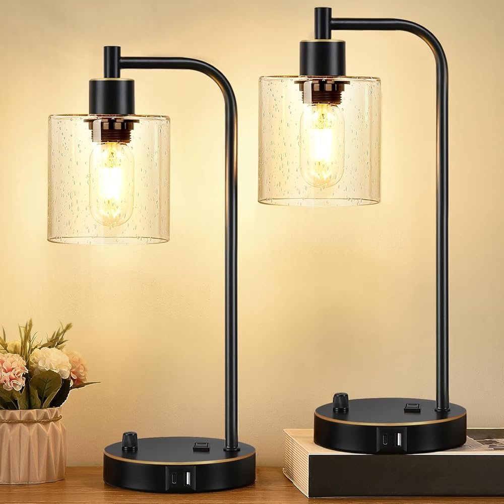 Set of 2 Black and Gold Industrial Table Lamps with USB Port, Fully Stepless Dimmable Bedside Lamps for bedrooms, Nightstand Desk Lamps with Seeded Glass Shade for Reading...