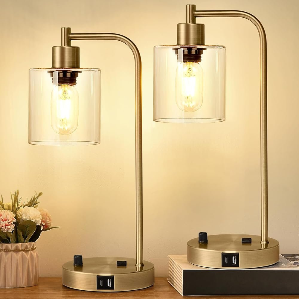 Set of 2 Industrial Table Lamps with USB C+A Ports and Outlet, Brass Fully Stepless Dimmable Bedside Lamps, Nightstand Lamps with Clear Glass Shade for Living Room Office (2 LED...