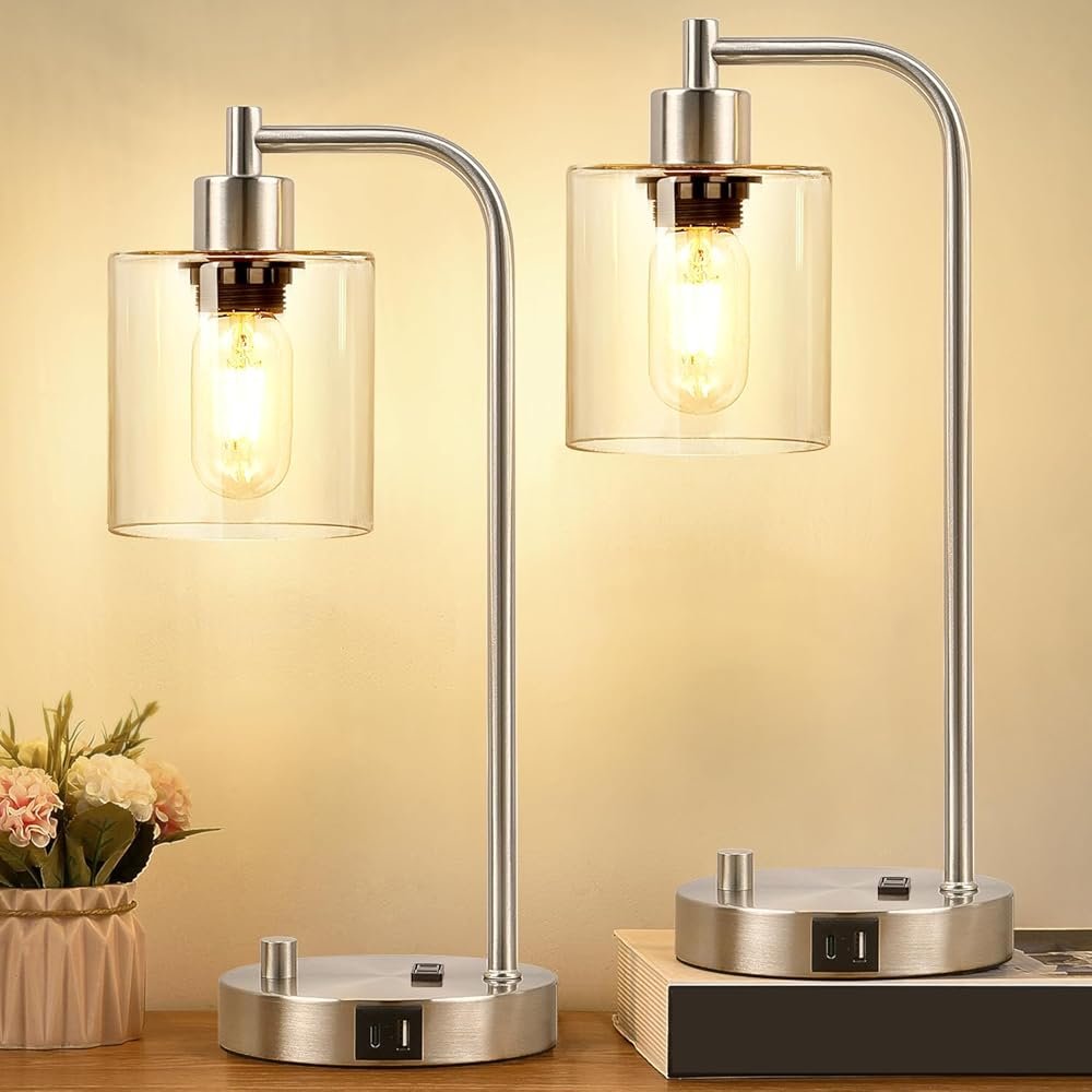 Set of 2 Industrial Table Lamps with USB C+A Ports and Outlet, Brushed Nickle Fully Stepless Dimmable Bedside Lamps, Nightstand Lamp with Clear Glass Shade for Bedroom Living...