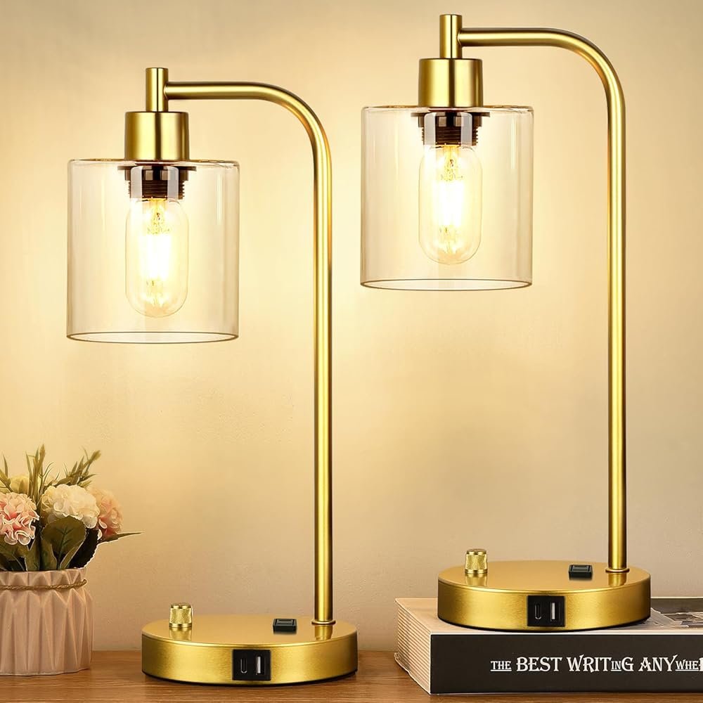 Set of 2 Industrial Table Lamps with USB Port, Gold Fully Stepless Dimmable Bedside Lamps for bedrooms, Nightstand Desk Lamp with Clear Glass Shade for Reading Living Room...