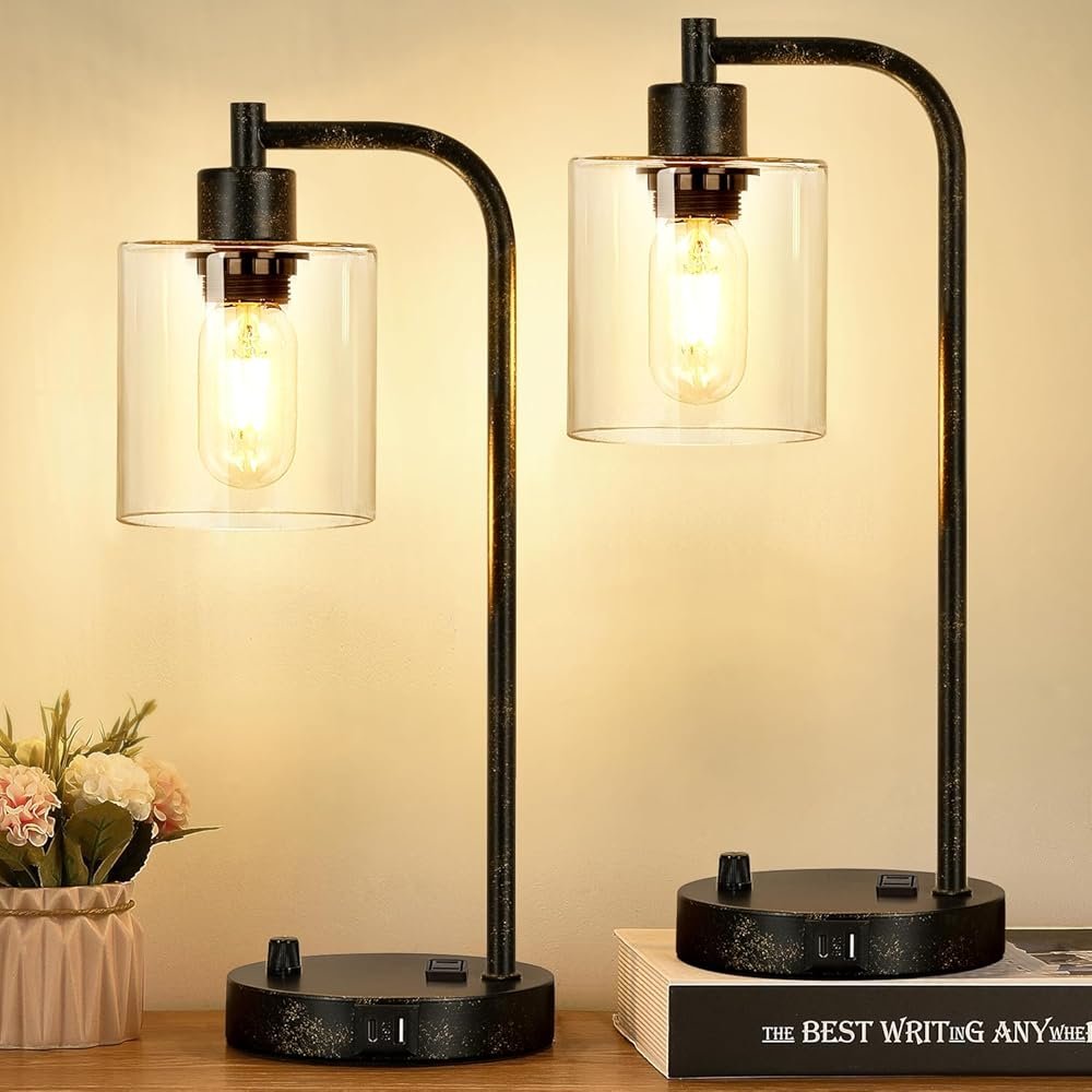 Set of 2 Industrial Table Lamps with USB Port, Rustic Black Fully Stepless Dimmable Bedside Lamps for bedrooms, Nightstand Desk Lamps with Clear Glass Shade for Reading Living...