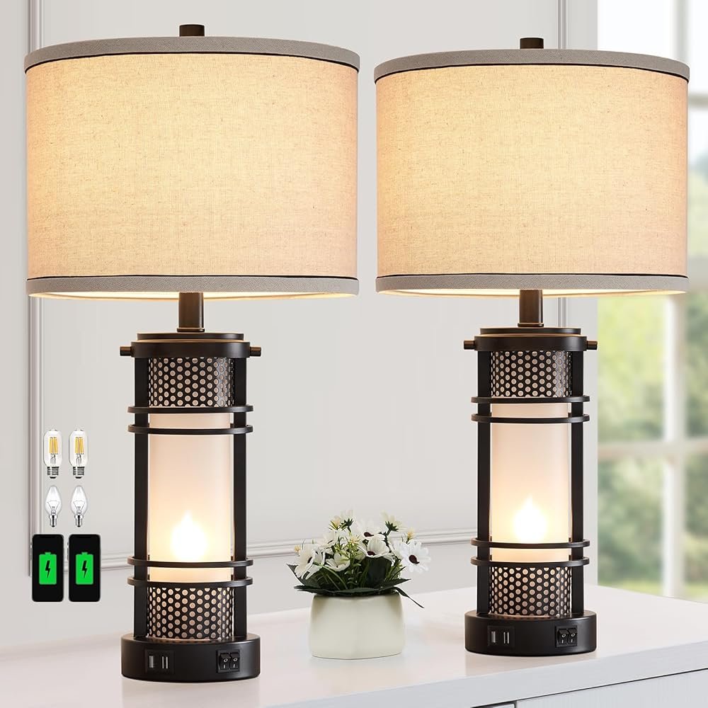 Set of 2 Modern Table Lamps for Living Room, Contemporary Nightstand Lamp with Dual USB Port, Bedside Lamps with White Frosted Glass Night Light for Bedroom, 4 Bulbs Included...