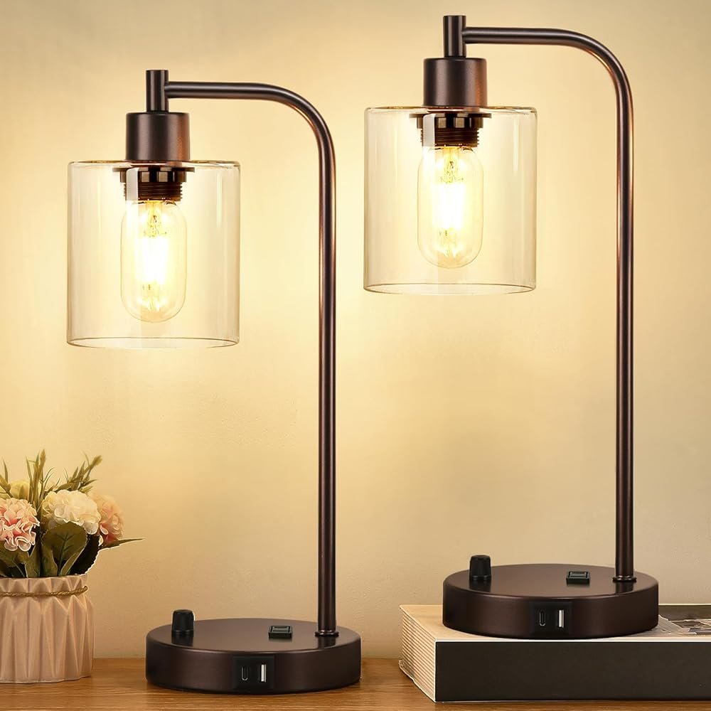 Set of 2 Oil Rubbed Bronze Table Lamps with USB C+A Ports and Outlet, Fully Stepless Dimmable Bedside Lamps, Industrial Desk Lamps with Clear Glass Shade for Living Room (2 LED...