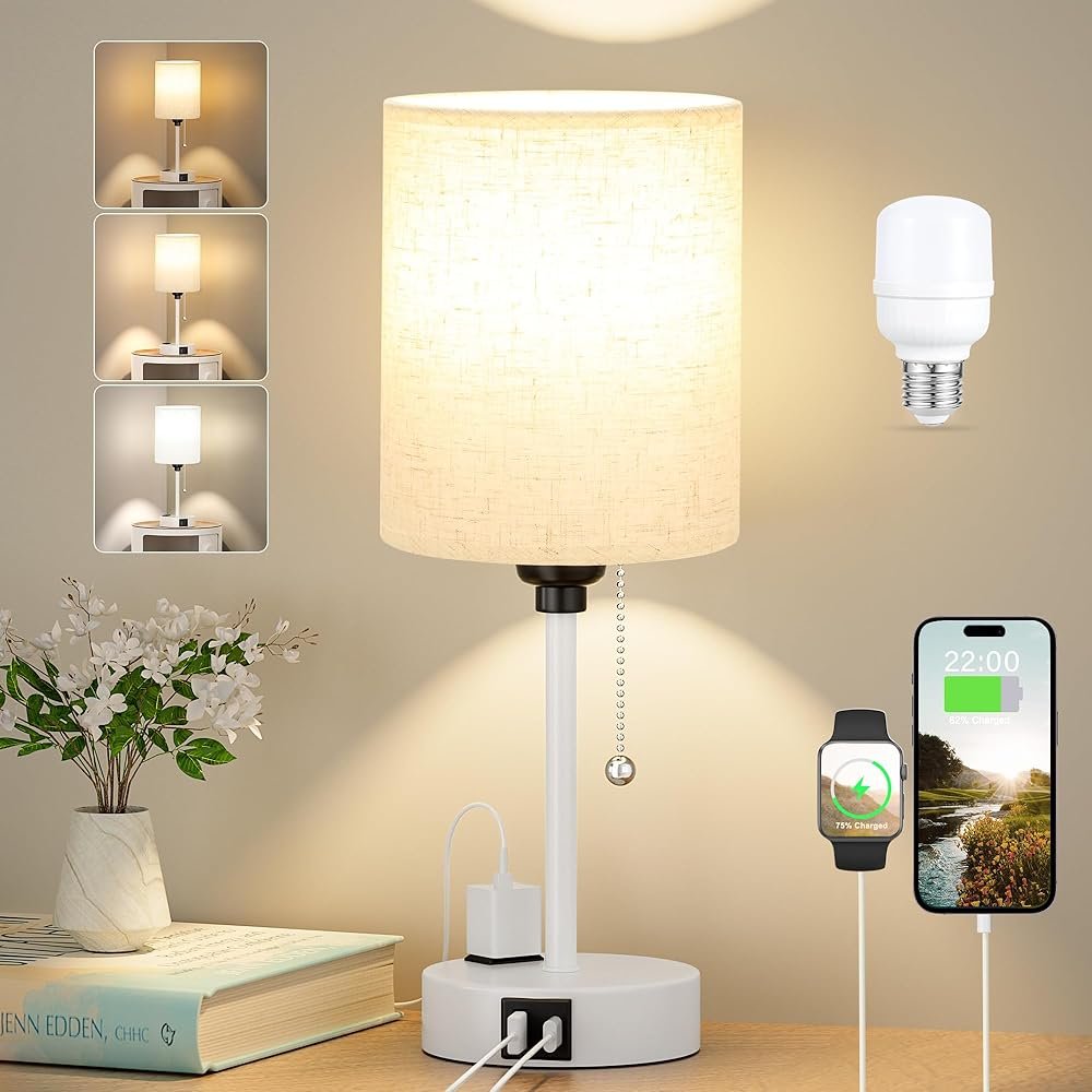 Small Bedside Lamp for Bedroom Nightstand - 2700K 3500K 5000K Bedside Lamps with USB C and A Ports, Pull Chain Table Lamps with AC Outlet, Nightstand Lamps with White Metal Base...