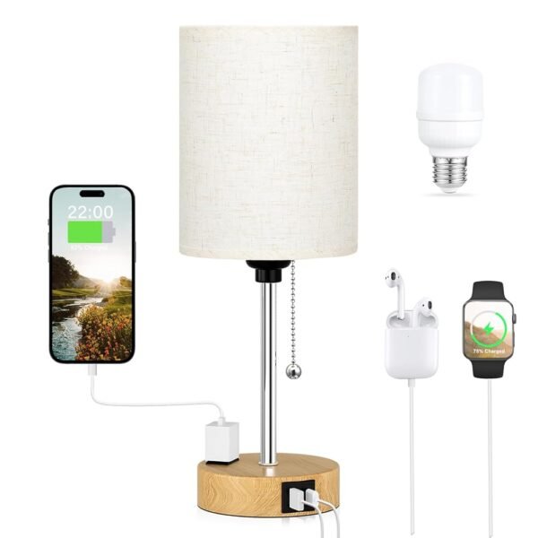Small Bedside Lamp for Bedroom Nightstand - Table Lamp with USB C and A Port, Pull Chain Bed Lamps with AC Outlet, Wood Base Night Stand Lights for Kids Reading, Desk Lamp for...
