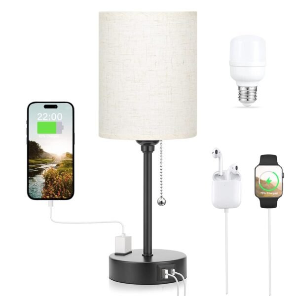 Small Bedside Lamp With 3 Color Modes - Off White 2700K 3500K 5000K Bedroom Light With USB C and A Ports, Pull Chain, AC Outlet, Black Metal Base for Kids Reading