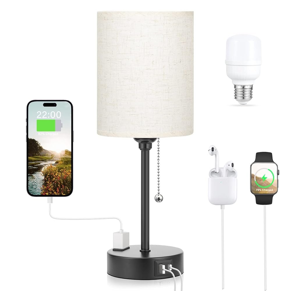 Small Bedside Lamp With 3 Color Modes - Off White 2700K 3500K 5000K Bedroom Light With USB C and A Ports, Pull Chain, AC Outlet, Black Metal Base for Kids Reading