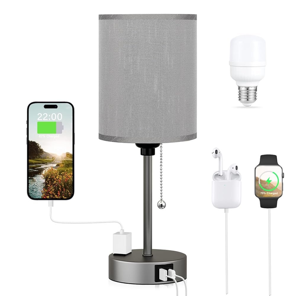 Small Bedside Table lamp for Bedroom - 3 Color Temperatures Bedside Lamps with USB Ports for Housewarming, Pull Chain Table Lamps with AC Outlet, Nightstand Lamps for Kids Reading