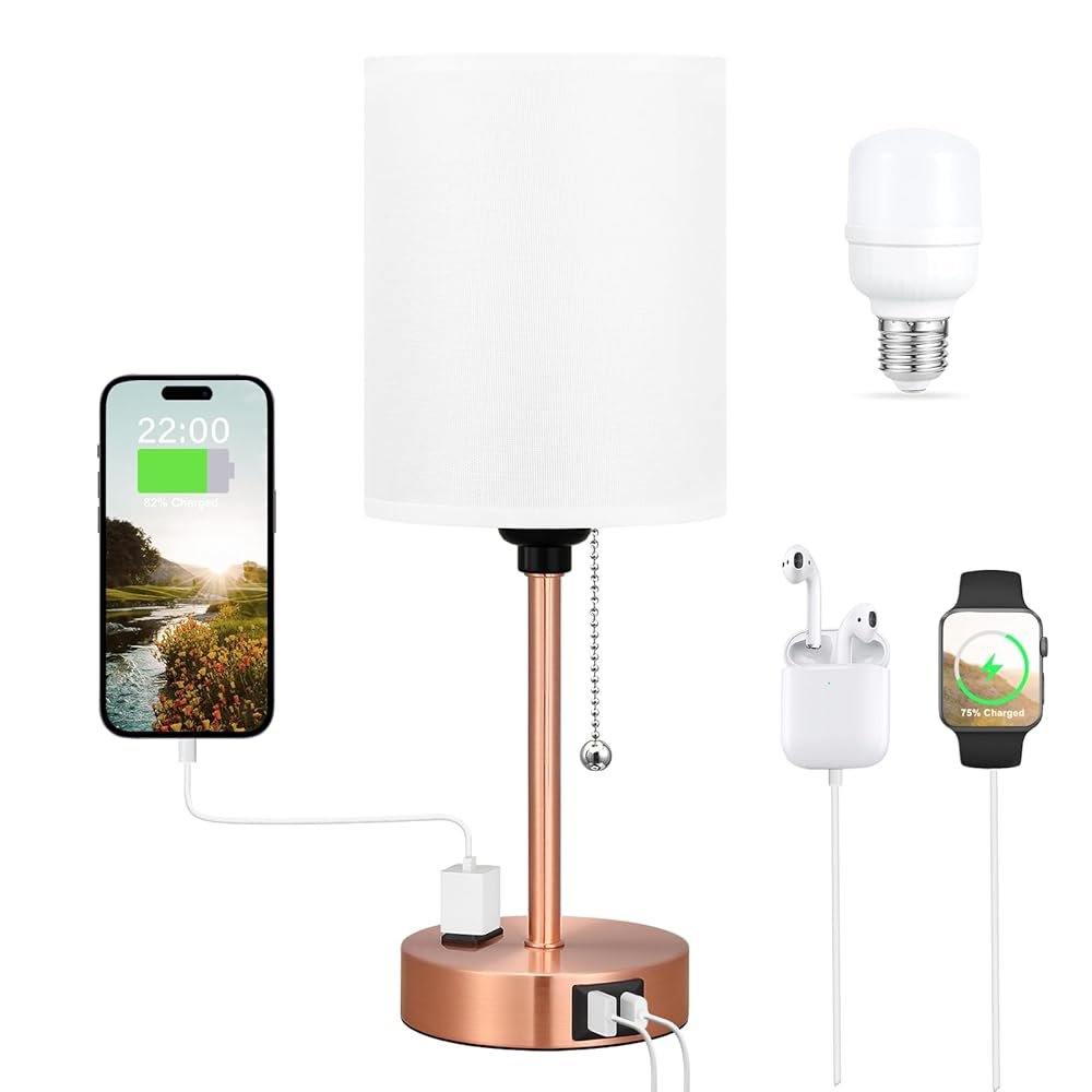 Small Bedside Table lamp for Bedroom - Red Bronze Modern Wedding Gift for Couples, 3 Color Temperatures & USB Ports & AC Outlet, Gold Nightstand Lamps for Reading, Dorm, Office,...