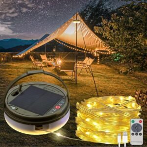 Solar Camping String Lights, 39.4FT Fairy String Lights 150LEDs, Portable Waterproof Camping Lamp with 8 Lighting Modes, Hanging Rechargeable Tent Lantern for Awning Garden...