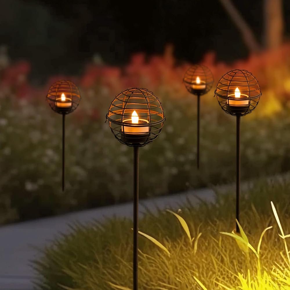 Solar Pathway Lights Outdoor, Rust Iron Ball Candle Holder Stake with Flickering Solar Powered Tea Lights, Perfect Decorative Garden Lighting for Yard Lawn Patio Landscape Decor...