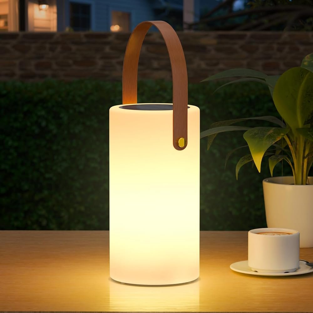 Solar Table Lamp Outdoor Water-Resistant LED Portable Solar Lantern Warm RGB Rechargeable Cordless Lights for Patio Deck Camping