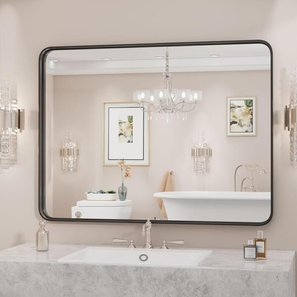 Sweetcrispy Black Metal Framed Bathroom Vanity Mirrors for Over Sink Wall, 30x40 Inch Large Rounded Rectangle Mirror, Modern Decorative for Restroom, Farmhouse, Horizontally or...