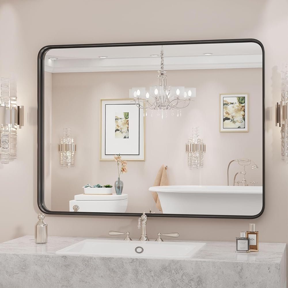 Sweetcrispy Black Metal Framed Bathroom Vanity Mirrors for Over Sink Wall, 30x40 Inch Large Rounded Rectangle Mirror, Modern Decorative for Restroom, Farmhouse, Horizontally or...
