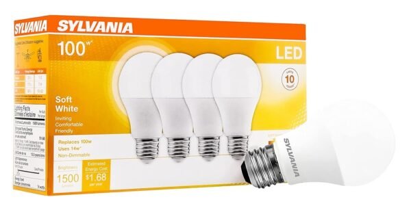 SYLVANIA LED A19 Light Bulb, 100W = 14W, Non-Dimmable, Frosted Finish, 1500 Lumens, 2700K, Soft White - 4 Pack (78101)