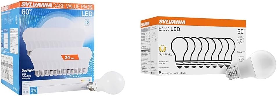 Sylvania LED A19 Light Bulb, 60W Equivalent, Efficient 8.5, 10 Year, W, 5000K, 800 Lumens, Frosted & Sylvania ECO LED Light Bulb, A19 60W Equivalent, Efficient 9W, 7 Year, 750...