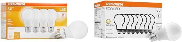 Sylvania LED A19 Light Bulb, 60W Equivalent Efficient 8.5W Medium Base, 2700K Soft White, 4 Pack & Sylvania ECO LED Light Bulb, A19 60W Equivalent, Efficient 9W, 7 Year, 750...